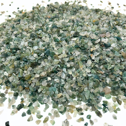 *CLOSEOUT* Crushed Moss Agate Chips from India, Pea-Sized Gravel (2mm-4mm) for Inlay, Resin Art, Orgonites, Bulk Material