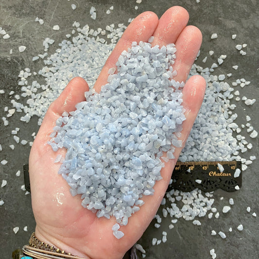 Crushed Blue Angelite (Anhydrite) Chips from Peru, Pea-Sized Gravel (2mm-4mm) for Inlay, Resin Art, Embellishments or Orgone Pyramids