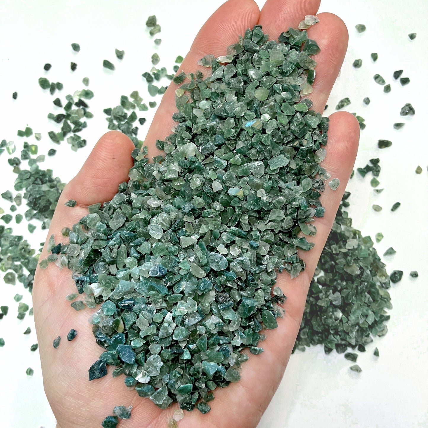 Crushed Dark Green Moss Agate Chips from India, Pea-Sized Gravel (2mm-4mm) for Inlay, Resin Art, Embellishments or Orgone Pyramids
