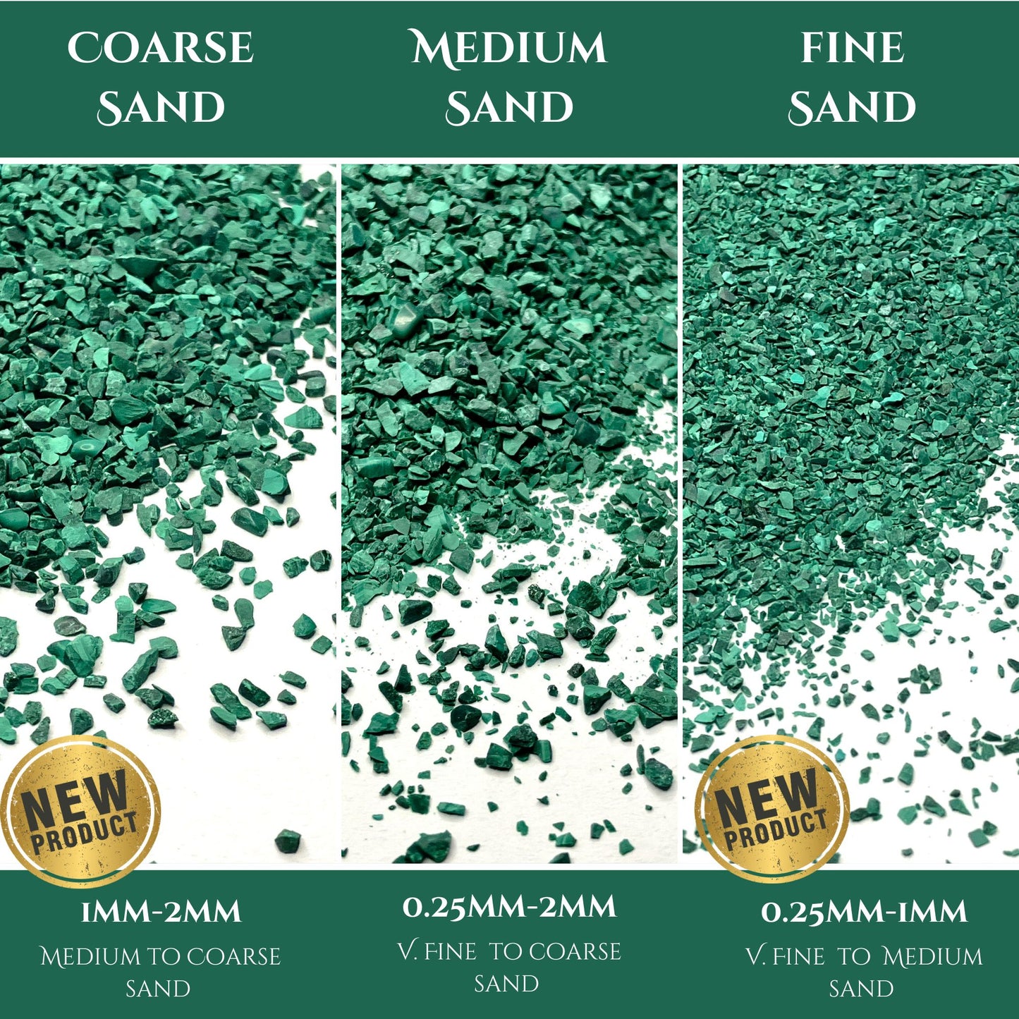 Crushed Green Malachite Sand (Grade A) from Republic of Congo, 3 Sand Sizes for Woodworking and Ring Inlay, Resin Art, Memorial Jewelry