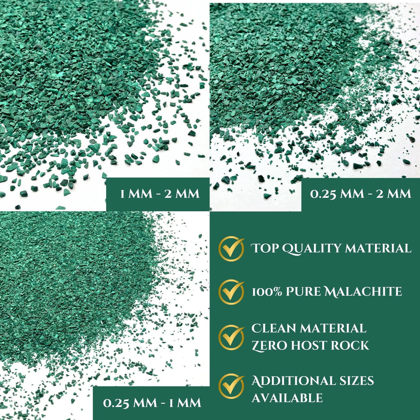 Crushed Green Malachite Sand (Grade A) from Republic of Congo, 3 Sand Sizes for Woodworking and Ring Inlay, Resin Art, Memorial Jewelry
