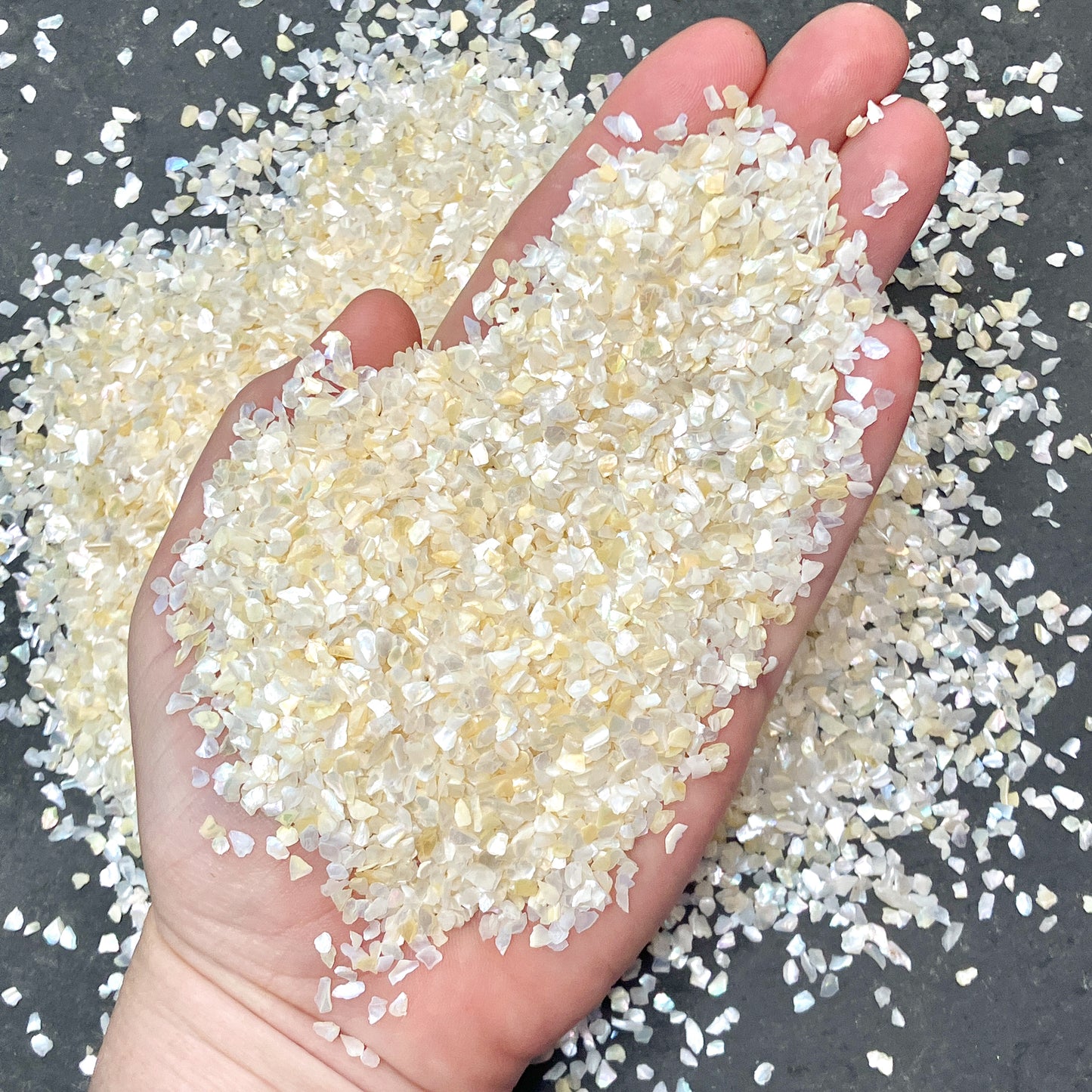 Crushed Creamy White Mother of Pearl Flakes (2mm-4mm) for Woodworking Inlay, Resin Art, Embellishments or Orgone Pyramids