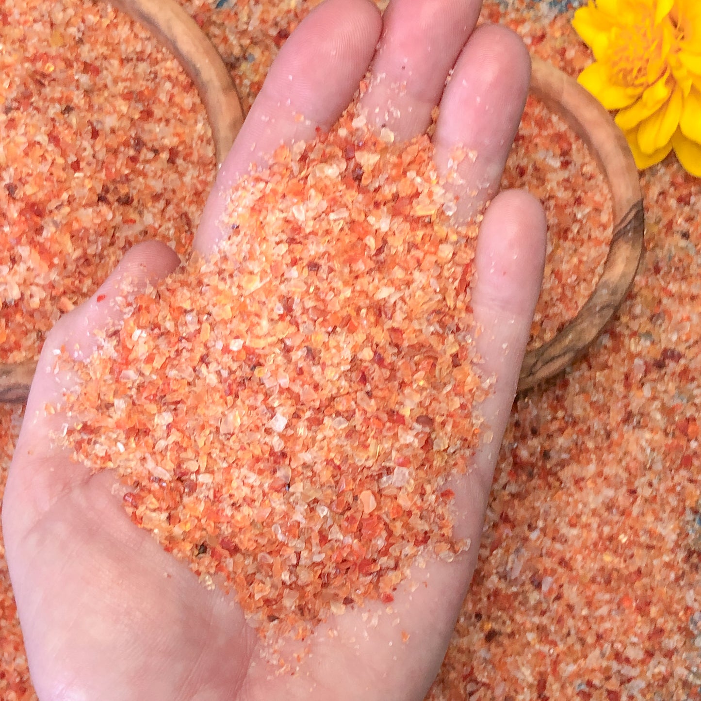 Crushed Dark Orange and Red Carnelian (Grade A) from India, Medium Crush, Sand Size, 2mm - 0.25mm