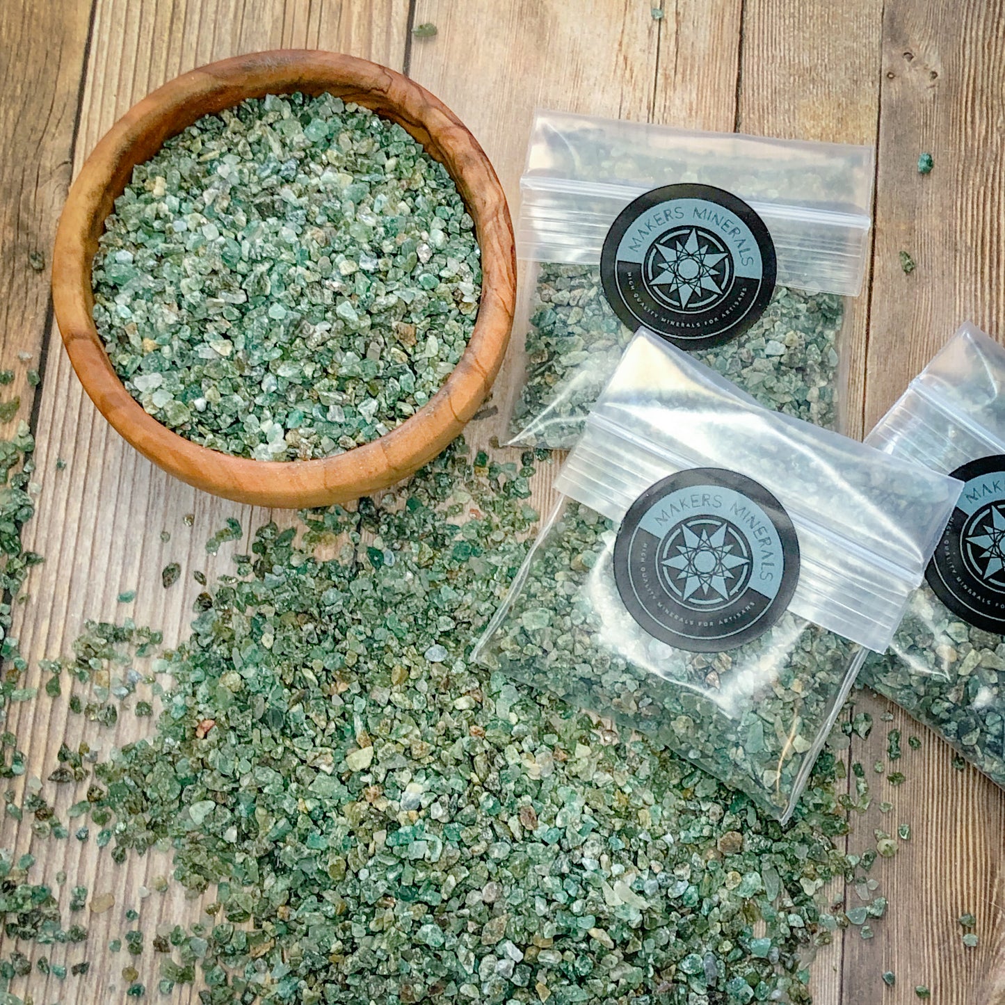 *CLOSEOUT* Crushed Green Emerald Chips (Grade B) from India, 2 Ounces, Coarse Crush, Gravel Size (4mm - 2mm)