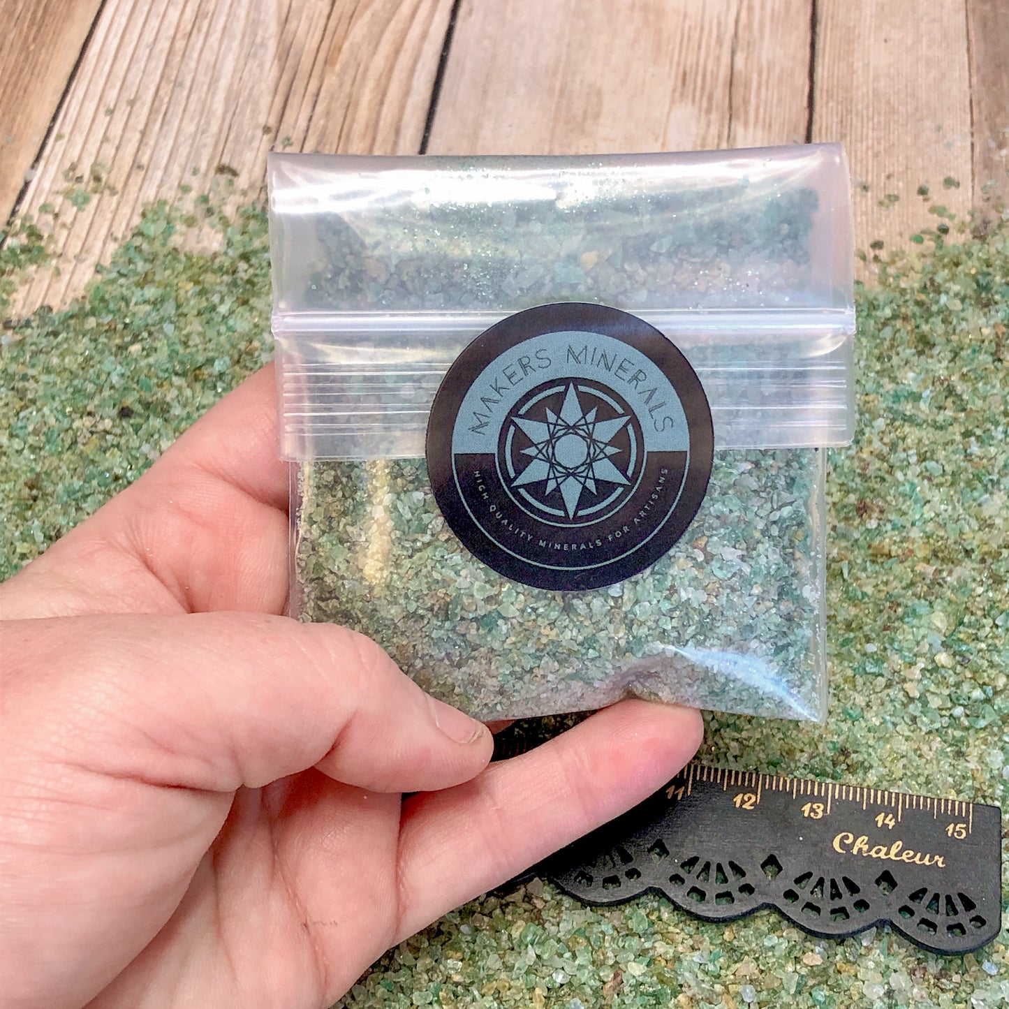 *CLOSEOUT* Crushed Green Emerald Sand (Grade B) from India, 2 Ounces, Medium Crush, Sand Size (2mm - 0.25mm)