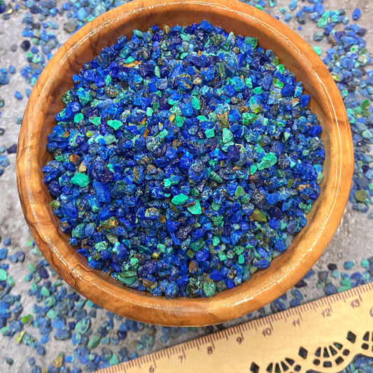 Crushed Shattuckite, Azurite, Malachite Chips from China, Small Batch, Pea-Sized Gravel (2mm-4mm) for Woodworking Inlay, Resin Art, Embellishments or Orgone Pyramids