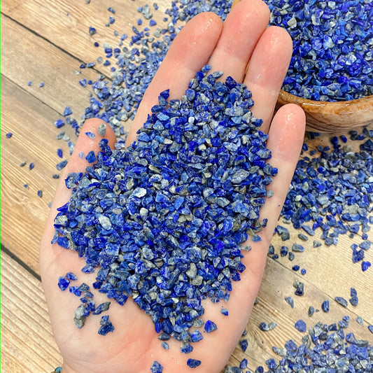Crushed Lapis Lazuli (Grade A) Chips from Afghanistan, Pea-Sized Gravel (2mm-4mm) for Woodworking Inlay, Resin Art, Embellishments or Orgone Pyramids