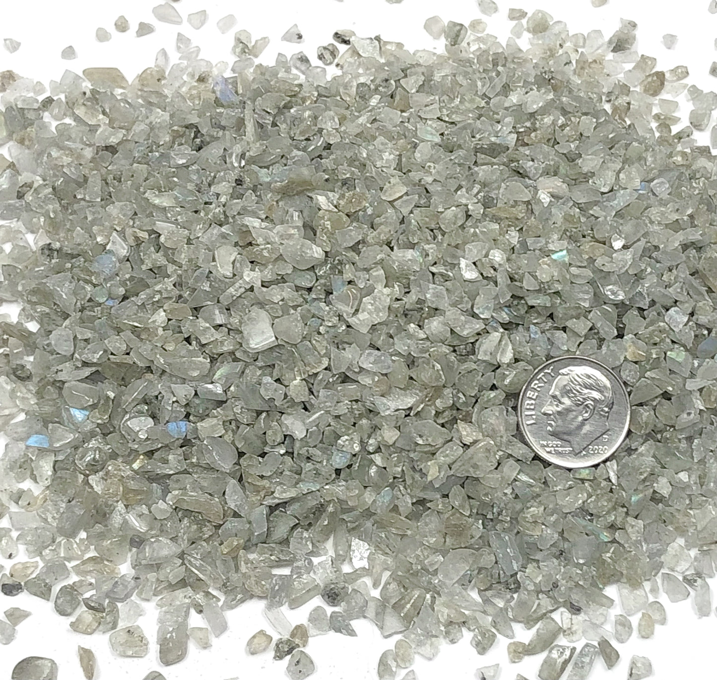Crushed Light Grey Labradorite Chips (Grade A) from Madagascar, Pea-Sized Gravel (2mm-4mm)