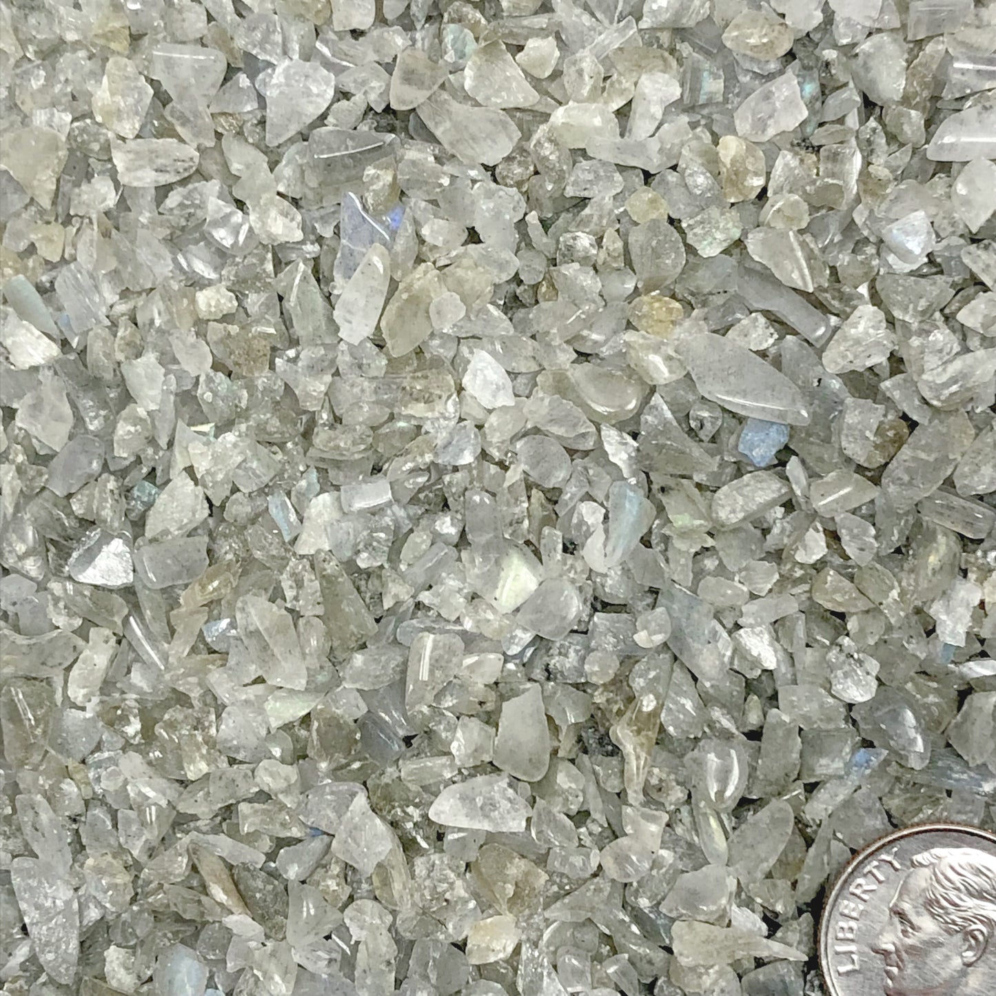 Crushed Light Grey Labradorite Chips (Grade A) from Madagascar, Pea-Sized Gravel (2mm-4mm)