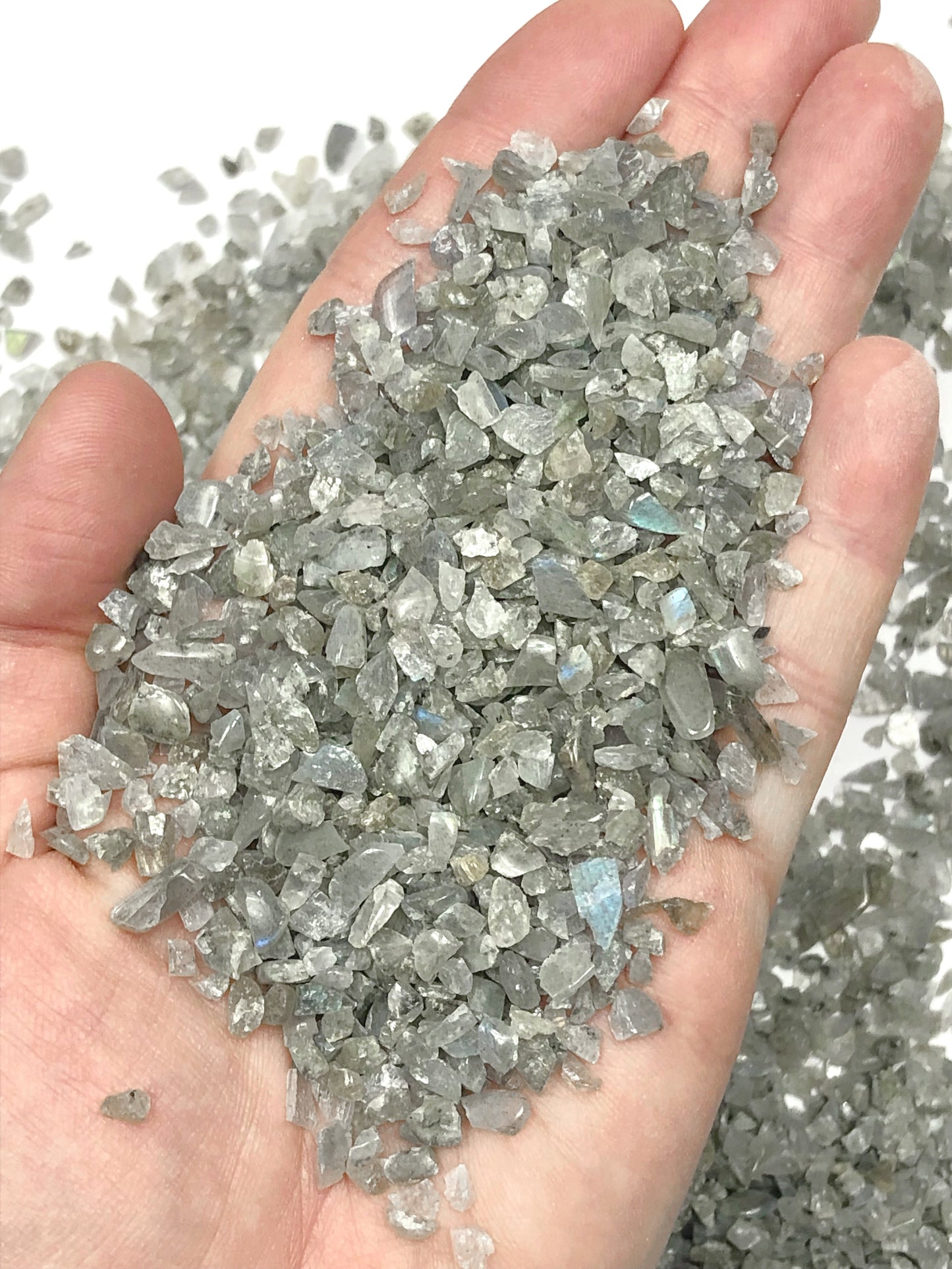 Crushed Light Grey Labradorite Chips (Grade A) from Madagascar, Pea-Sized Gravel (2mm-4mm)