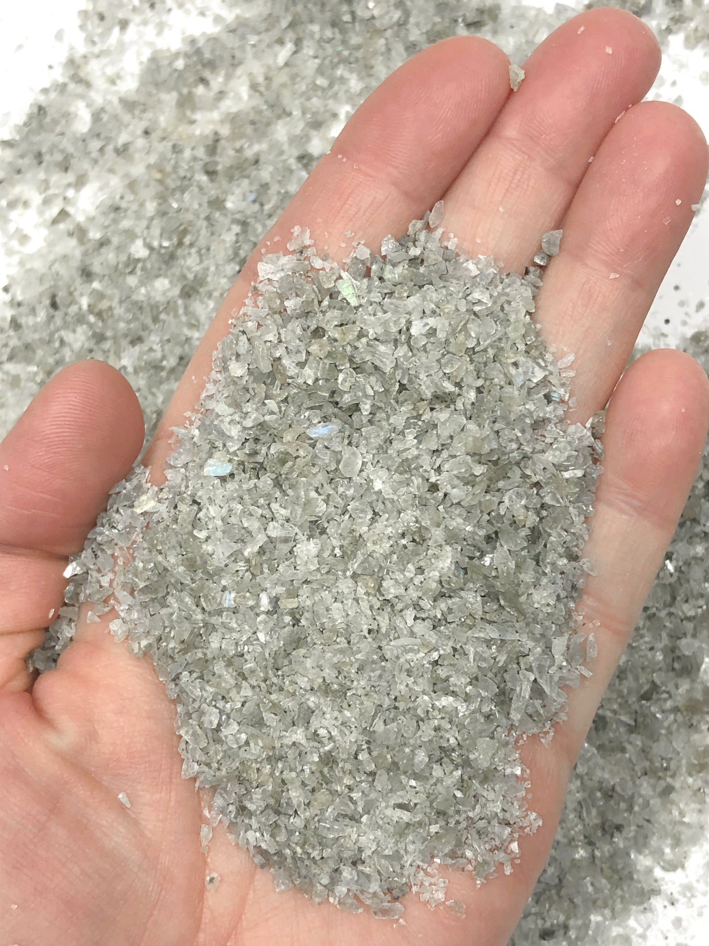 Crushed Light Grey Labradorite (Grade A) from Madagascar, Medium Crush, Sand Size, 2mm - 0.25mm