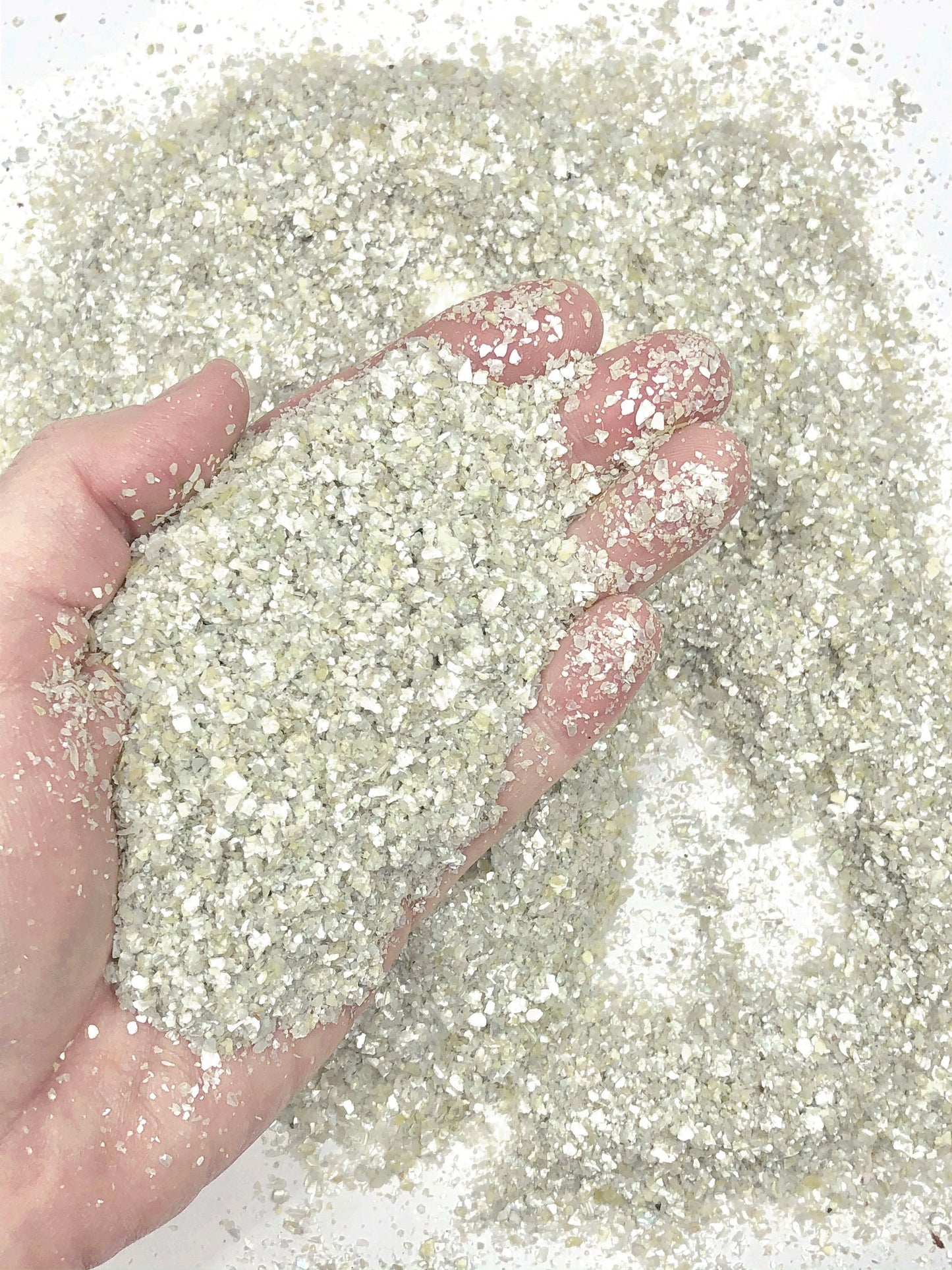 Crushed Silver Mother of Pearl, Medium Crush, Sand Size, 2mm - 0.25mm
