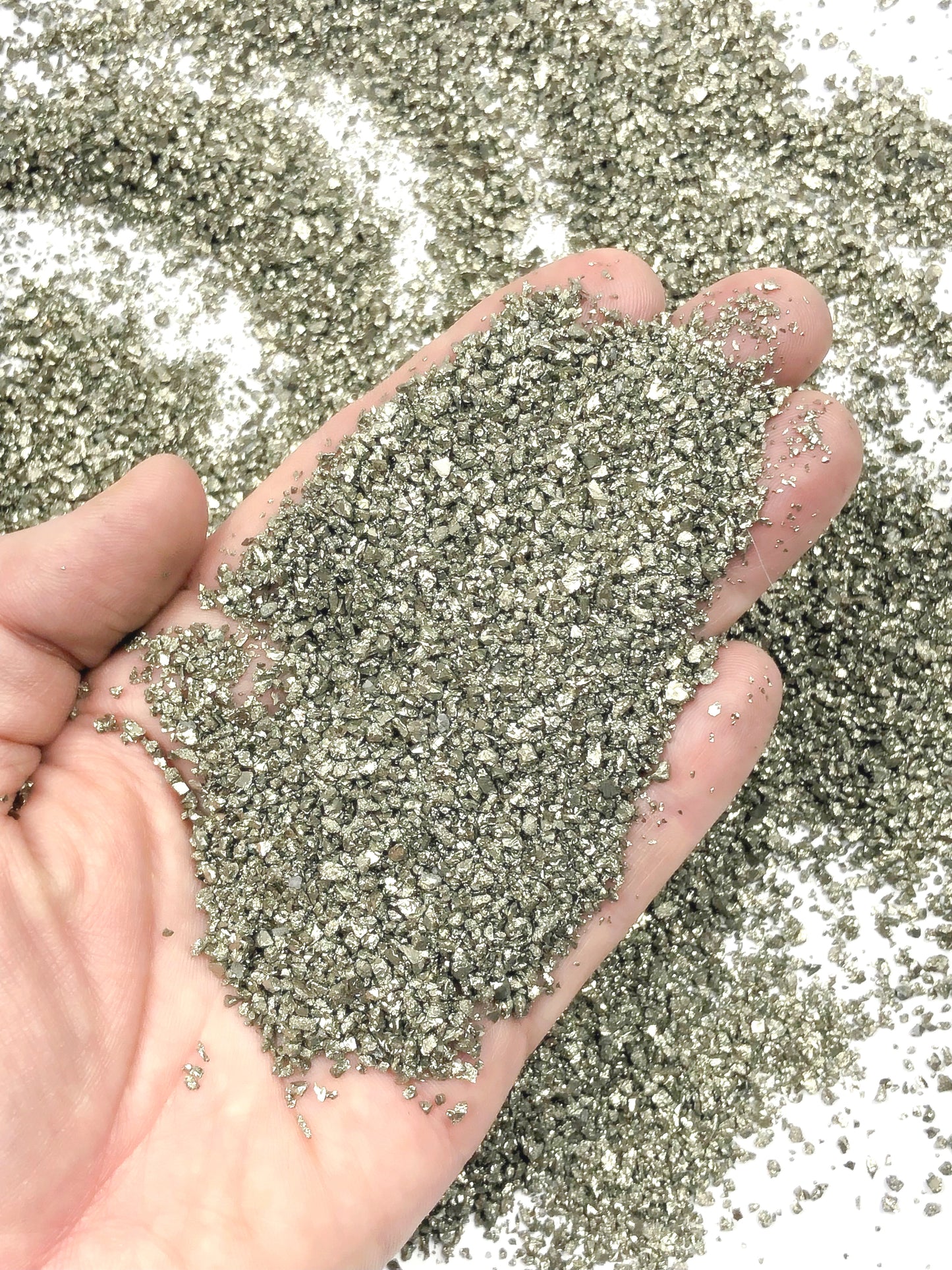 Crushed Silvery-Gold Cocada Pyrite (Grade A) from Peru, Medium Crush, Sand Size, 2mm - 0.25mm
