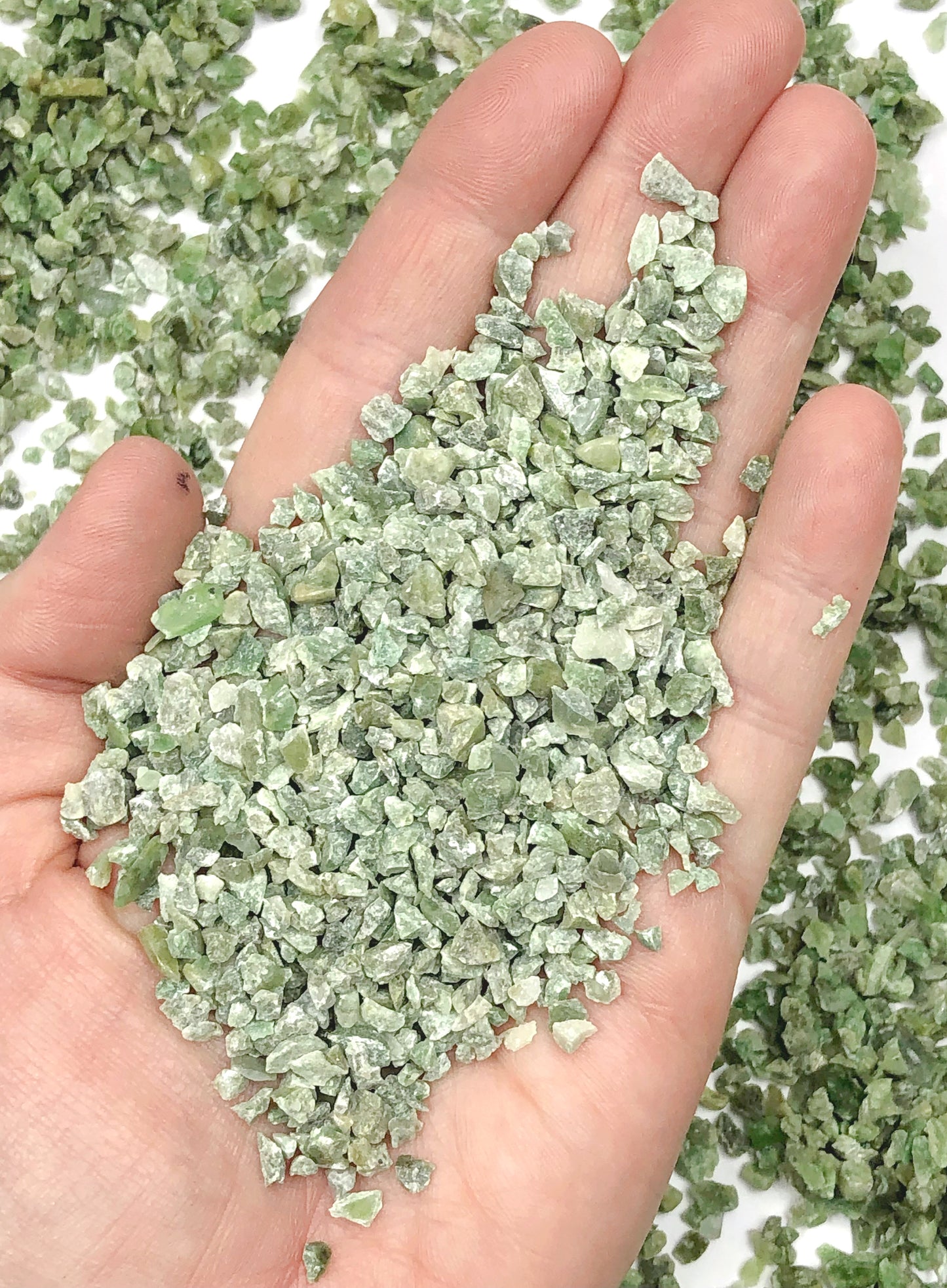 Crushed Green Vesuvianite (California Jade) from California, Coarse Crush, Gravel Size, 4mm - 2mm