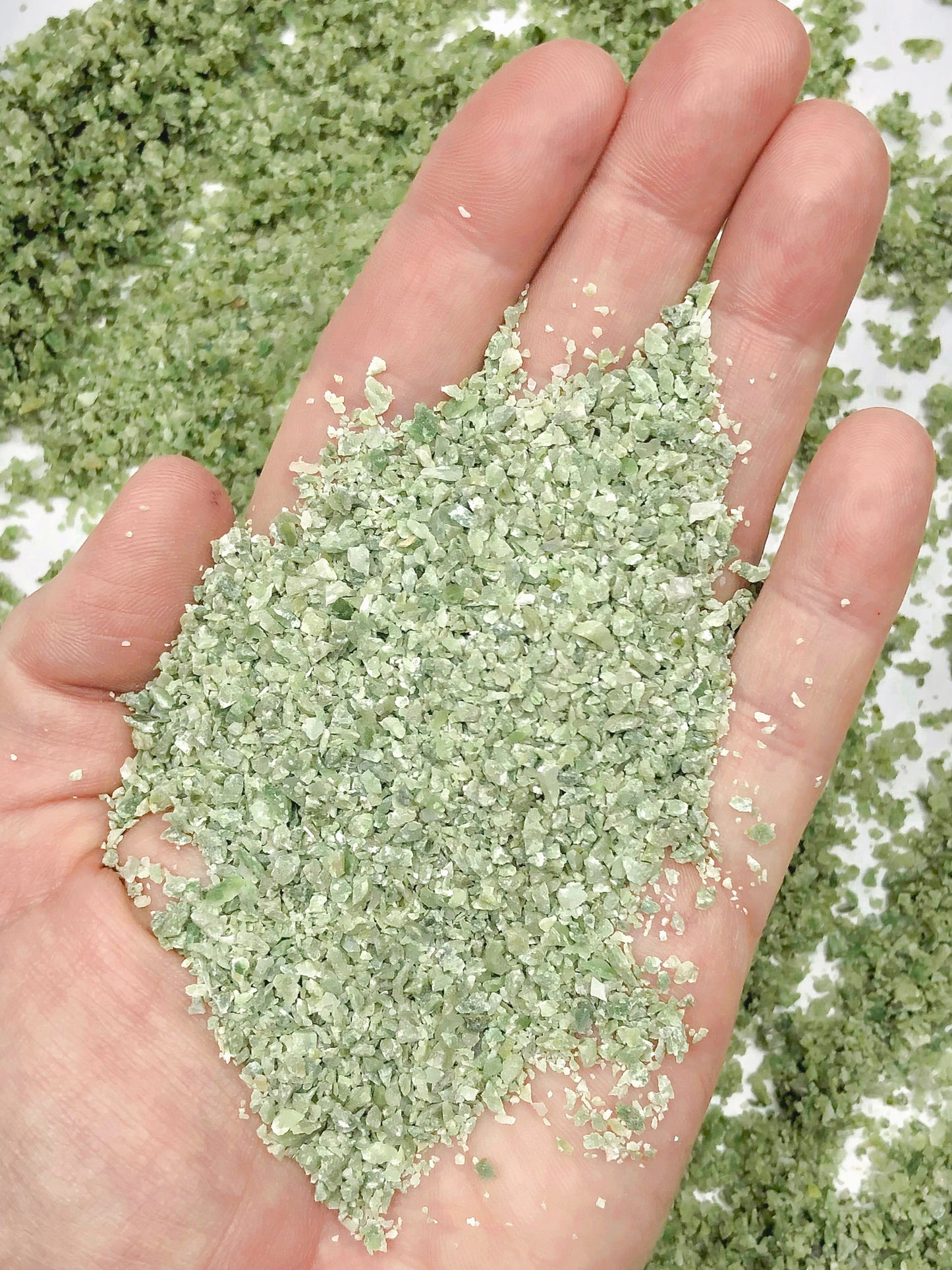 Crushed Green Vesuvianite (California Jade) from California, Medium Crush, Sand Size, 2mm - 0.25mm