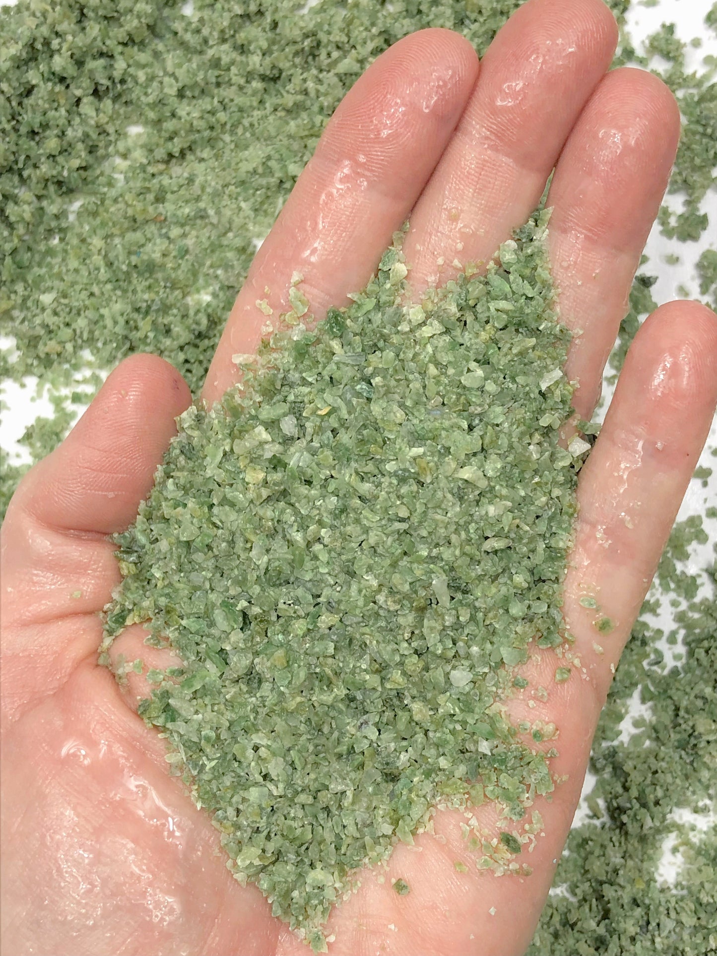 Crushed Green Vesuvianite (California Jade) from California, Medium Crush, Sand Size, 2mm - 0.25mm