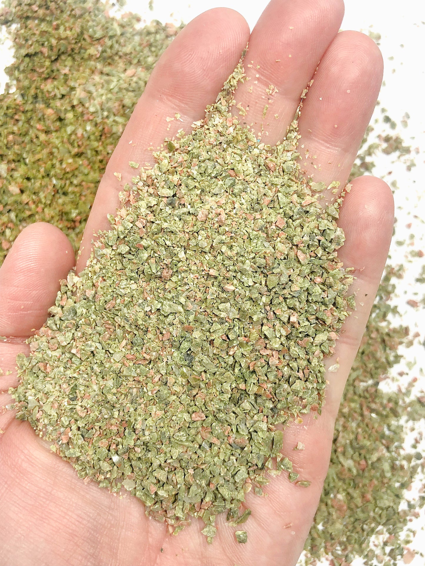 Crushed Green and Pink Unakite from South Africa, Medium Crush, Sand Size, 2mm - 0.25mm