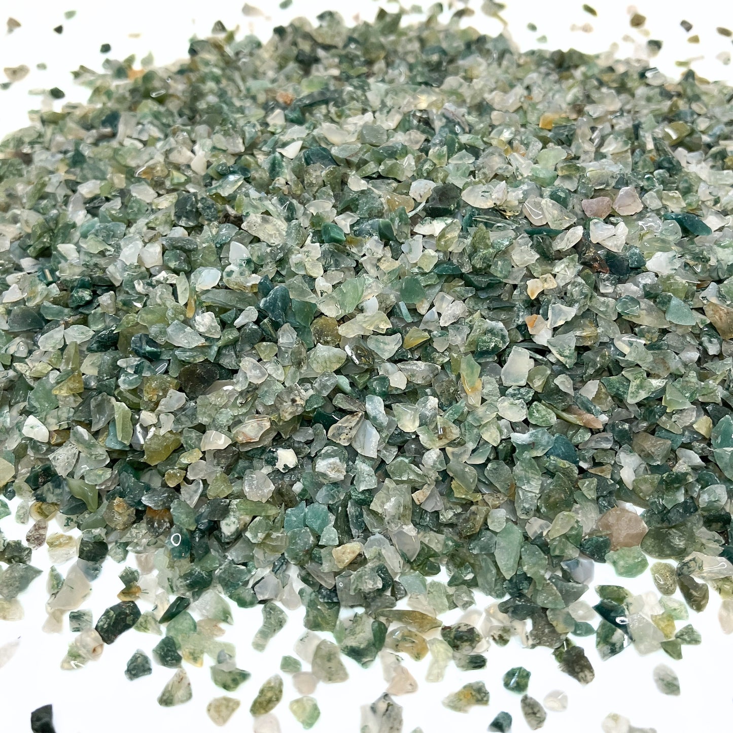*CLOSEOUT* Crushed Moss Agate Chips from India, Pea-Sized Gravel (2mm-4mm) for Inlay, Resin Art, Orgonites, Bulk Material