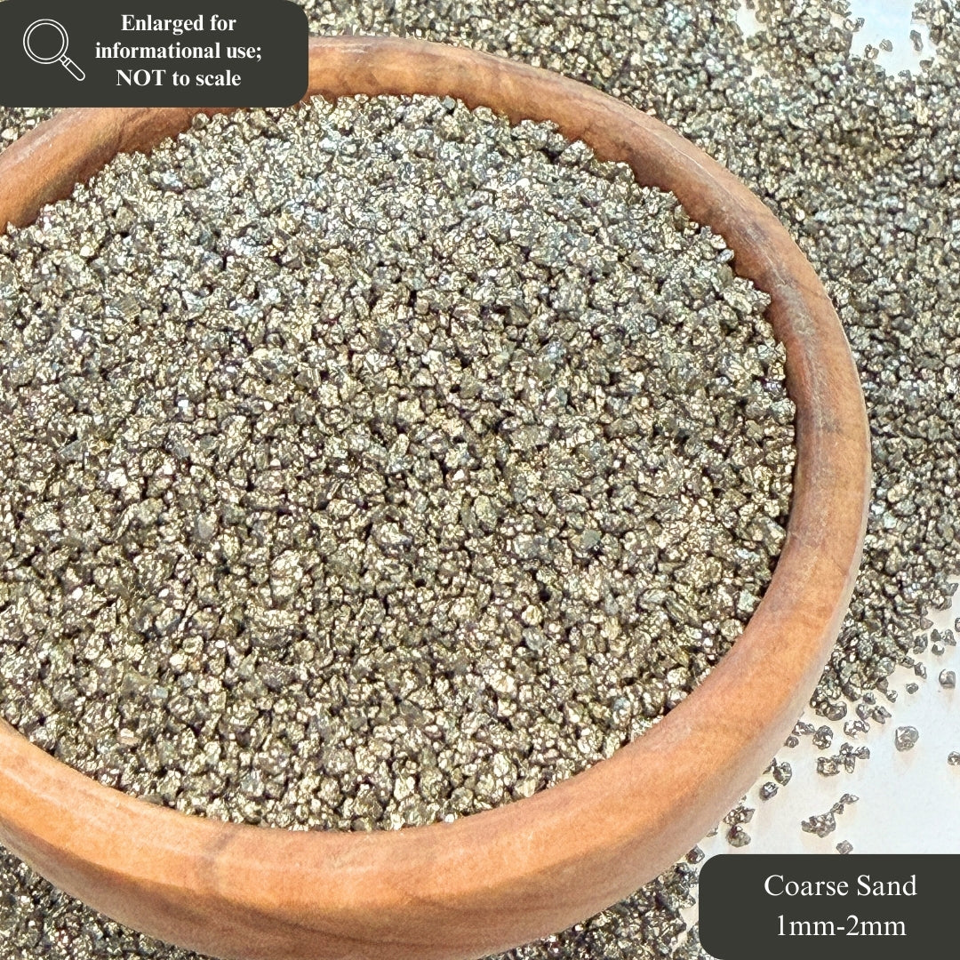 Crushed High-Luster Cocada Pyrite Sand from Peru, 3 Sand Sizes for Woodworking and Ring Inlay, Resin Art, Memorial & Sand Jewelry
