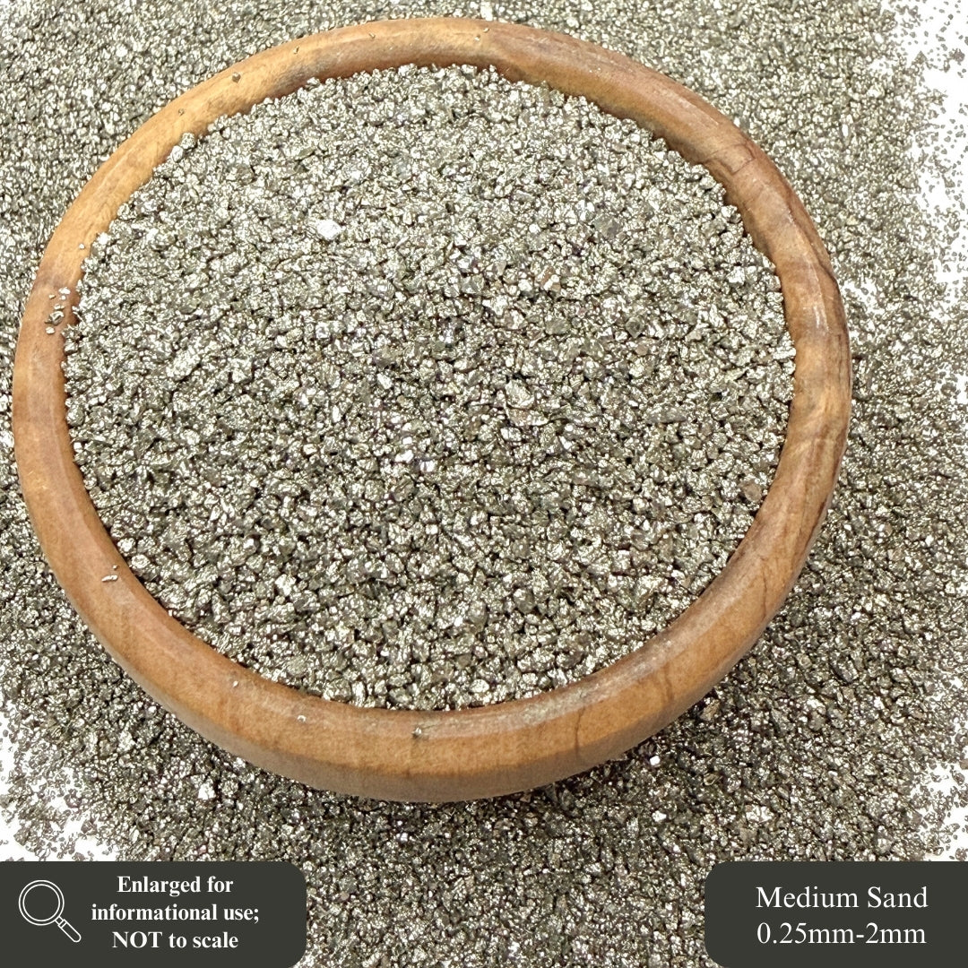 Crushed High-Luster Cocada Pyrite Sand from Peru, 3 Sand Sizes for Woodworking and Ring Inlay, Resin Art, Memorial & Sand Jewelry
