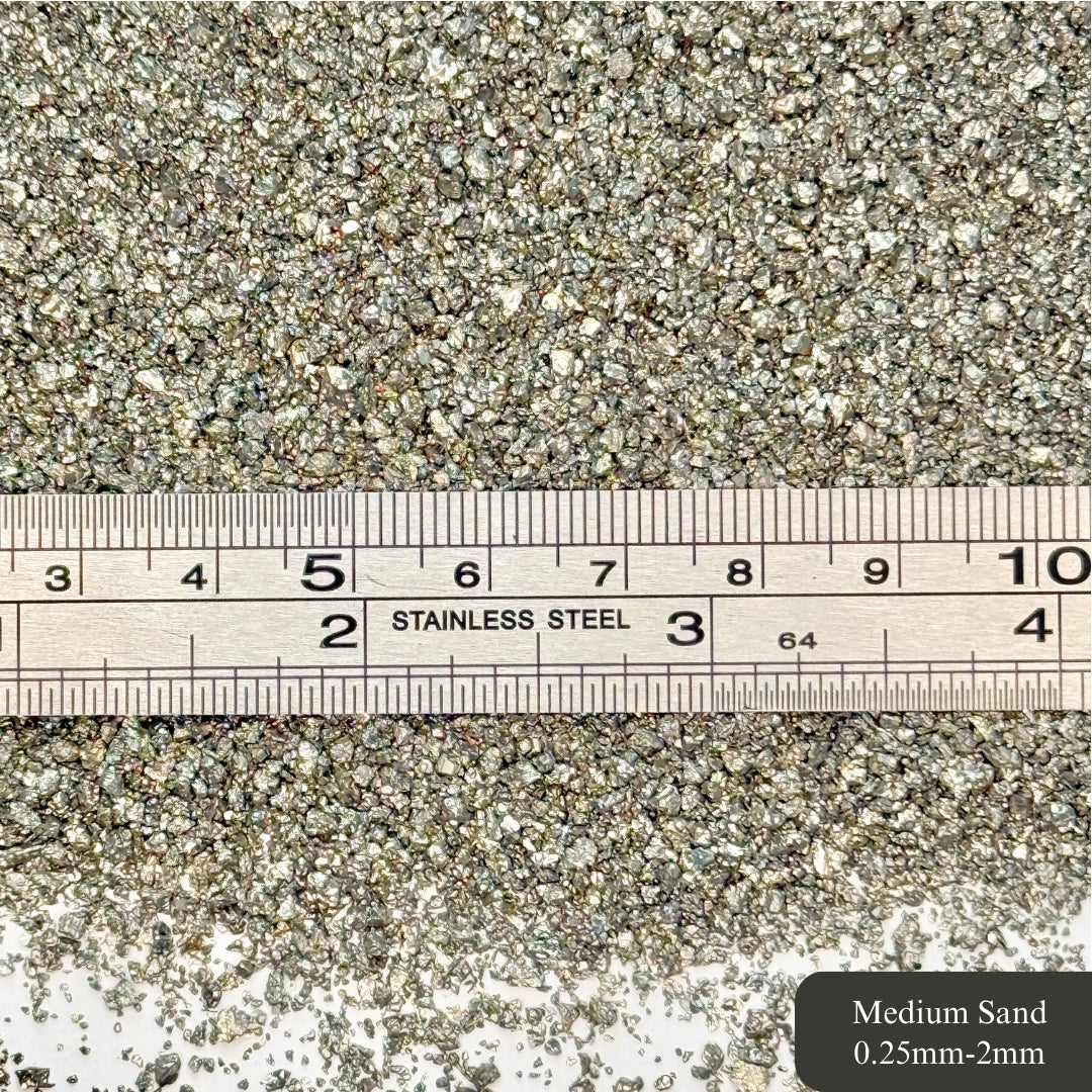 Crushed High-Luster Cocada Pyrite Sand from Peru, 3 Sand Sizes for Woodworking and Ring Inlay, Resin Art, Memorial & Sand Jewelry