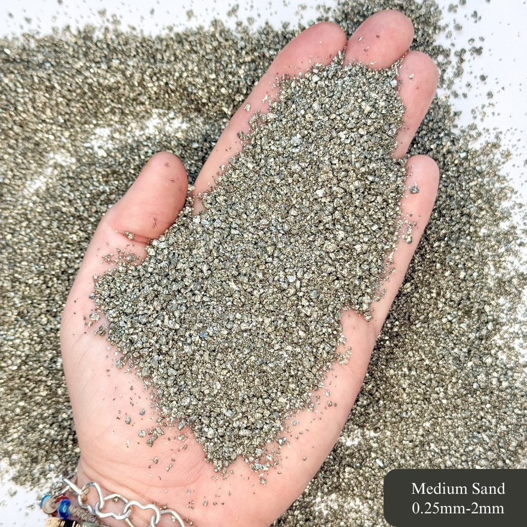Crushed High-Luster Cocada Pyrite Sand from Peru, 3 Sand Sizes for Woodworking and Ring Inlay, Resin Art, Memorial & Sand Jewelry