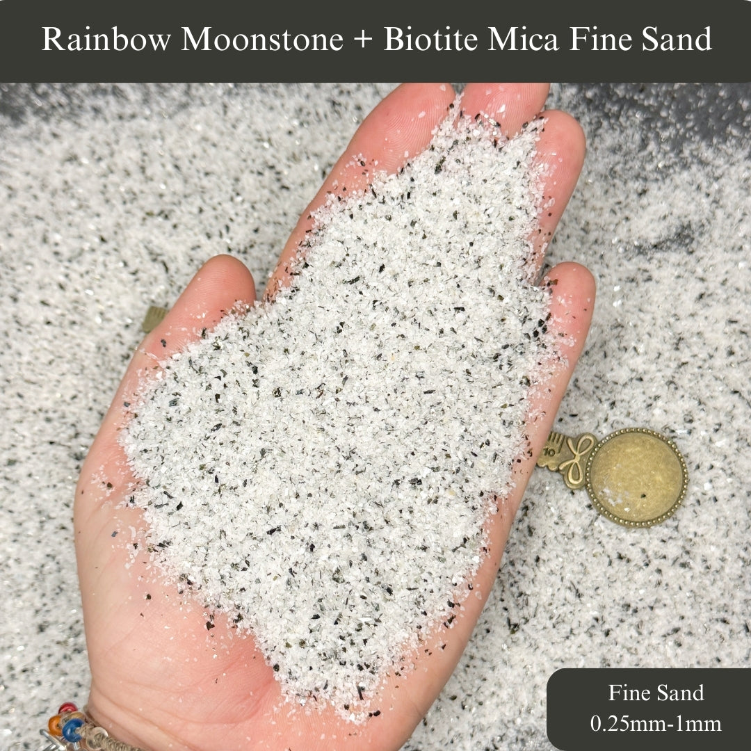 Crushed Rainbow Moonstone with Biotite Mica Sand from India, 3 Sand Sizes for Woodworking and Ring Inlay, Resin Art, Memorial Jewelry