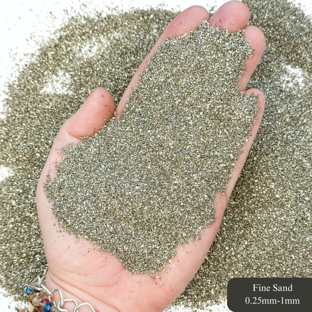 Crushed High-Luster Cocada Pyrite Sand from Peru, 3 Sand Sizes for Woodworking and Ring Inlay, Resin Art, Memorial & Sand Jewelry