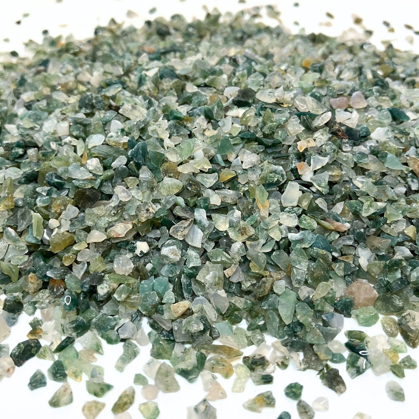 *CLOSEOUT* Crushed Moss Agate Chips from India, Pea-Sized Gravel (2mm-4mm) for Inlay, Resin Art, Orgonites, Bulk Material