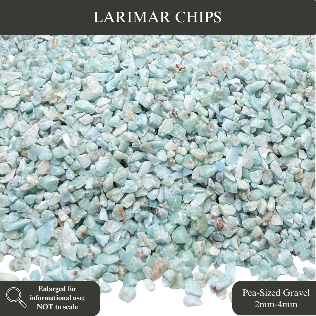 Crushed Blue Larimar Chips from Dominican Republic, Pea-Sized Gravel (2mm-4mm) for Woodworking Inlay, Resin Art, Embellishments or Orgone Pyramids