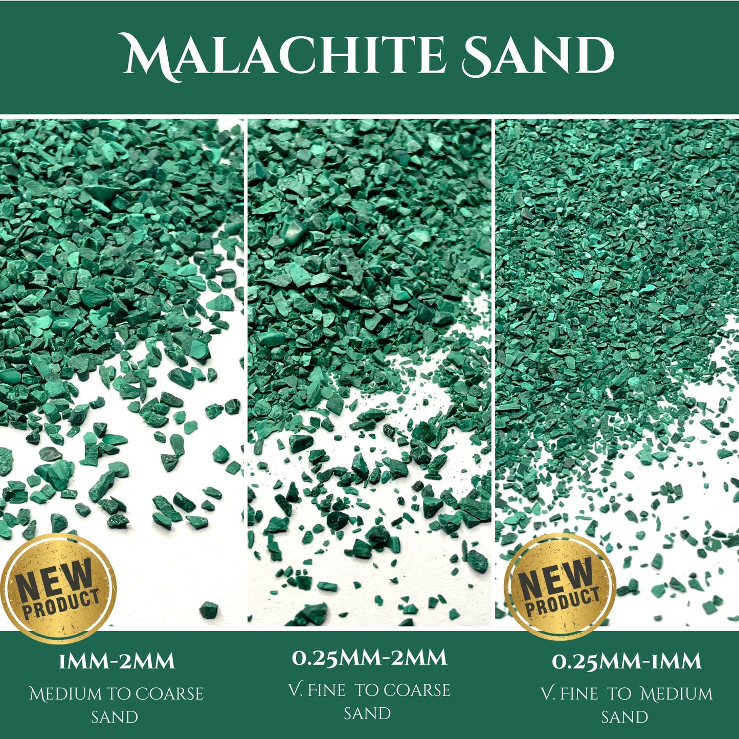 Crushed Green Malachite Sand (Grade A) from Republic of Congo, Medium Crush, 3 Sand Size Options