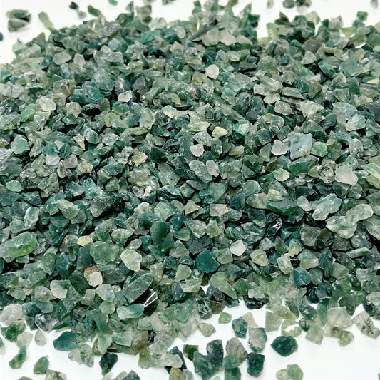 Crushed Dark Green Moss Agate Chips from India, Pea-Sized Gravel (2mm-4mm) for Inlay, Resin Art, Embellishments or Orgone Pyramids