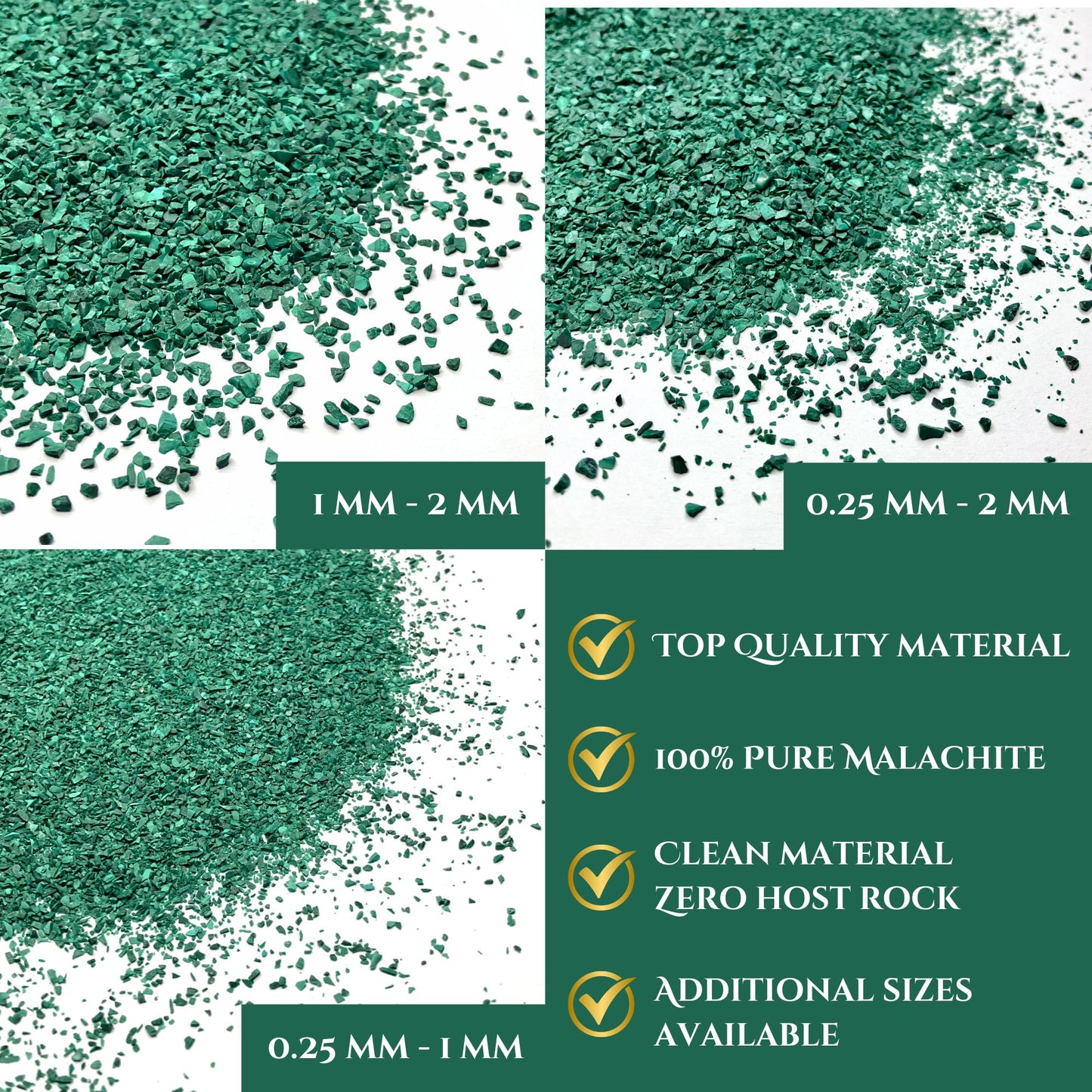 Crushed Green Malachite Sand (Grade A) from Republic of Congo, Medium Crush, 3 Sand Size Options