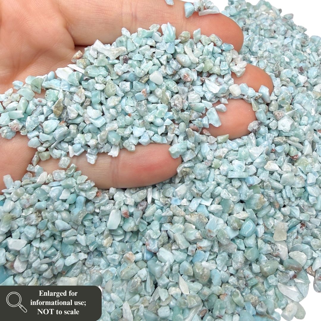 Crushed Blue Larimar Chips from Dominican Republic, Pea-Sized Gravel (2mm-4mm) for Woodworking Inlay, Resin Art, Embellishments or Orgone Pyramids