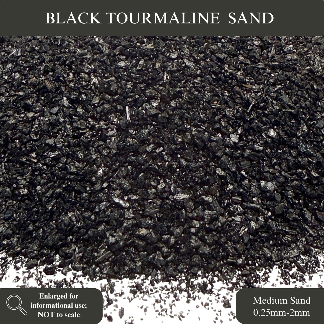 Black tourmaline sand with text indicating type and size.