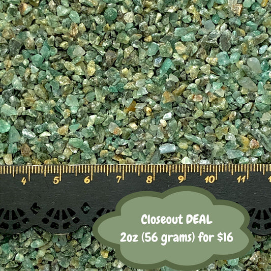 *CLOSEOUT* Crushed Green Emerald Chips (Grade B) from India, 2 Ounces, Coarse Crush, Gravel Size (4mm - 2mm)