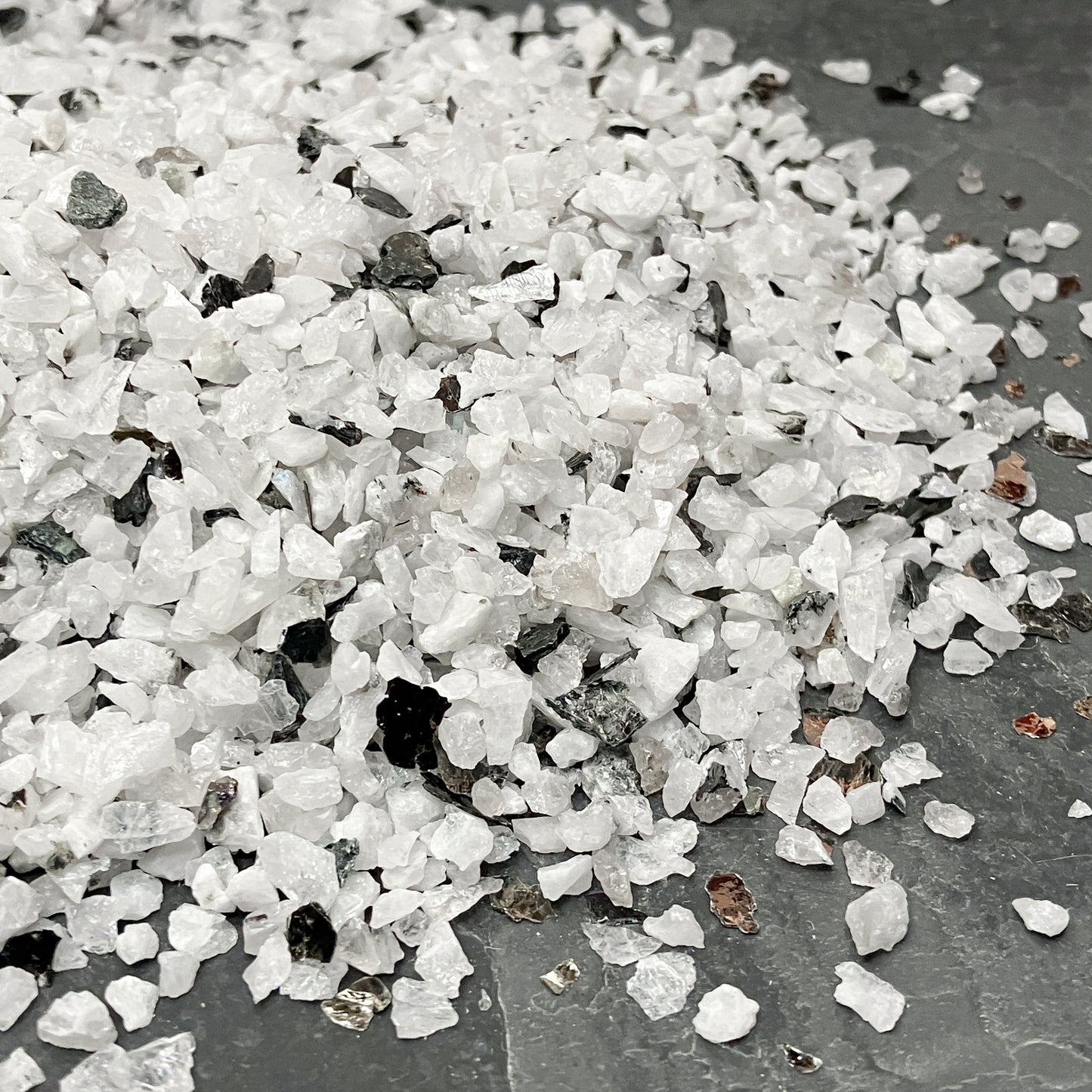 Crushed Rainbow Moonstone with Biotite Mica Chips from India, Pea-Sized Gravel (2mm-4mm) for Resin Art, Embellishments or Succulent Gravel