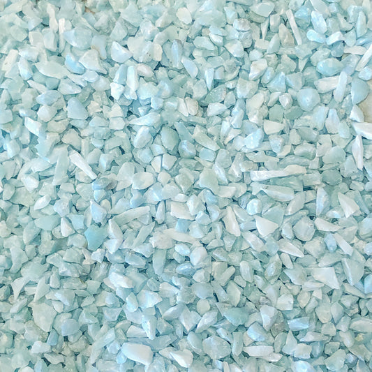 Crushed Premium Blue Larimar Chips from Dominican Republic, Pea-Sized Gravel (2mm-4mm) for Woodworking Inlay, Resin Art, Embellishments or Orgone Pyramids