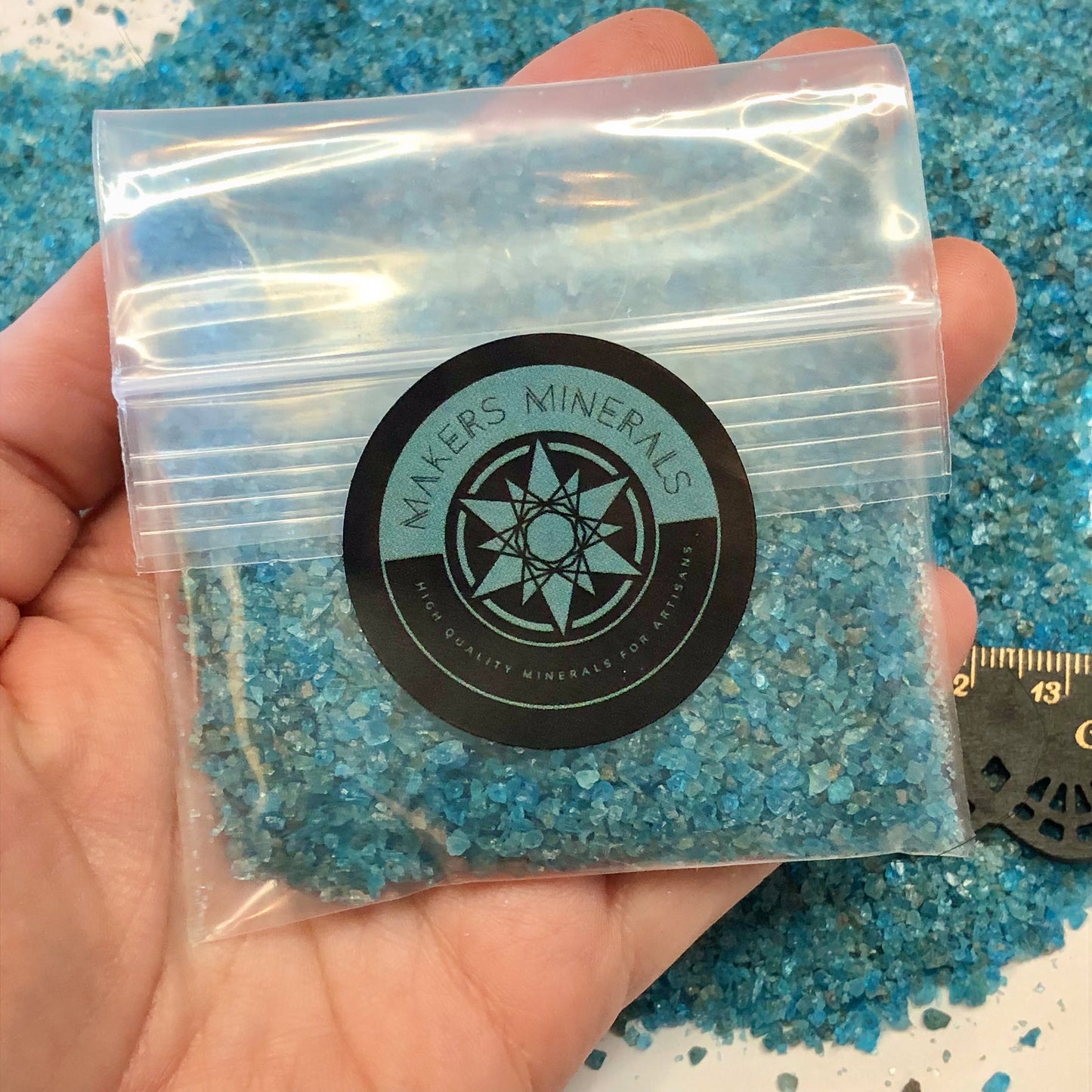 *CLOSEOUT* Crushed Blue Apatite Sand (Grade B) from Brazil, 2 Ounces, Medium Crush, Sand Size (2mm - 0.25mm)