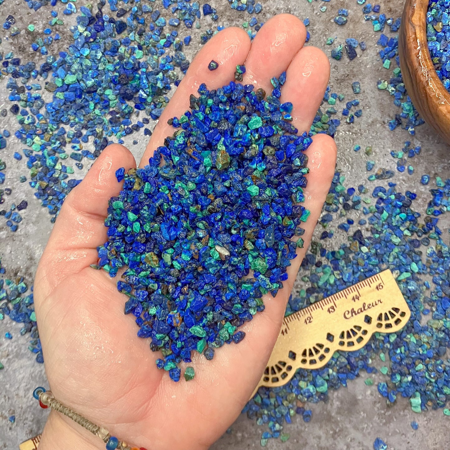 Crushed Shattuckite, Azurite, Malachite Chips from China, Small Batch, Coarse Crush (2mm-4mm) for Inlay, Resin Art, or Metaphysical Use