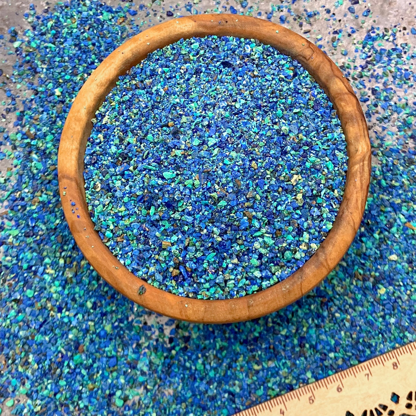 Crushed Azurite, Malachite, and Shattuckite Sand from China, Small Batch, Medium Crush, Sand Size, 2mm - 0.25mm