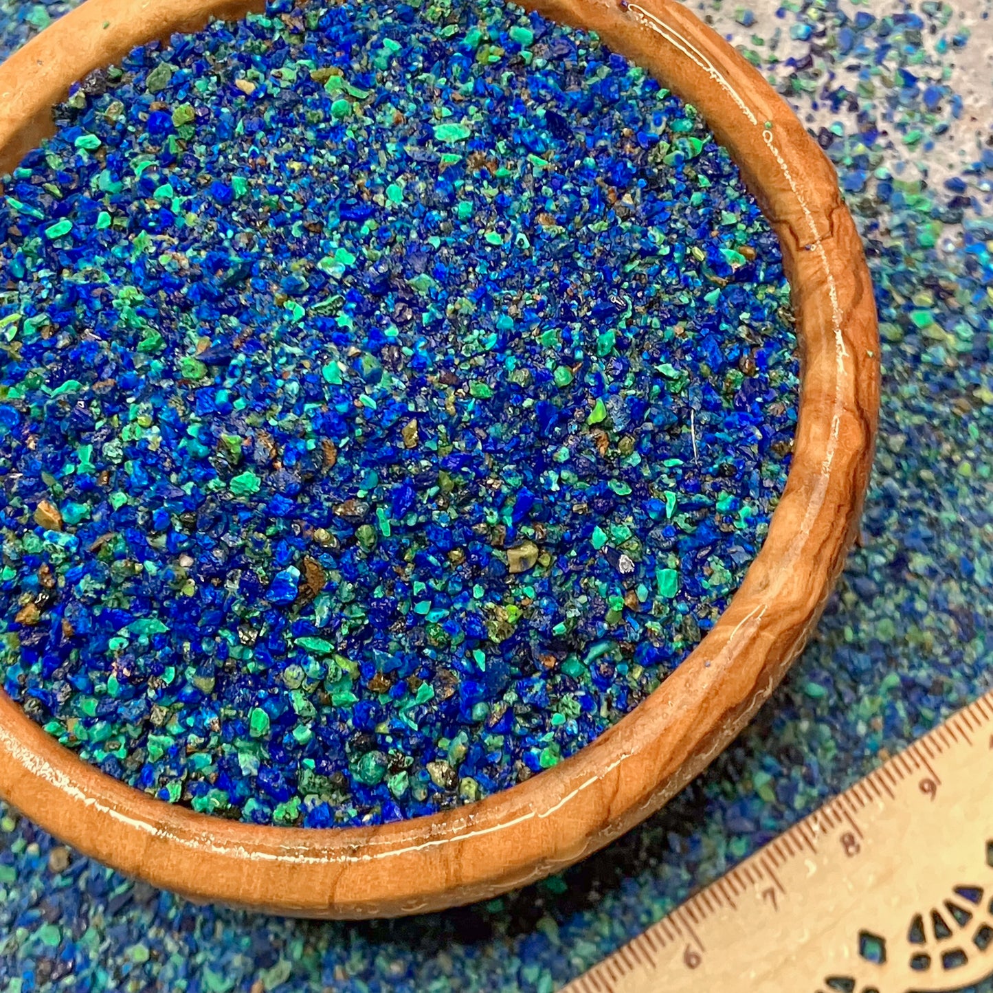 Crushed Azurite, Malachite, and Shattuckite Sand from China, Small Batch, Medium Crush, Sand Size, 2mm - 0.25mm