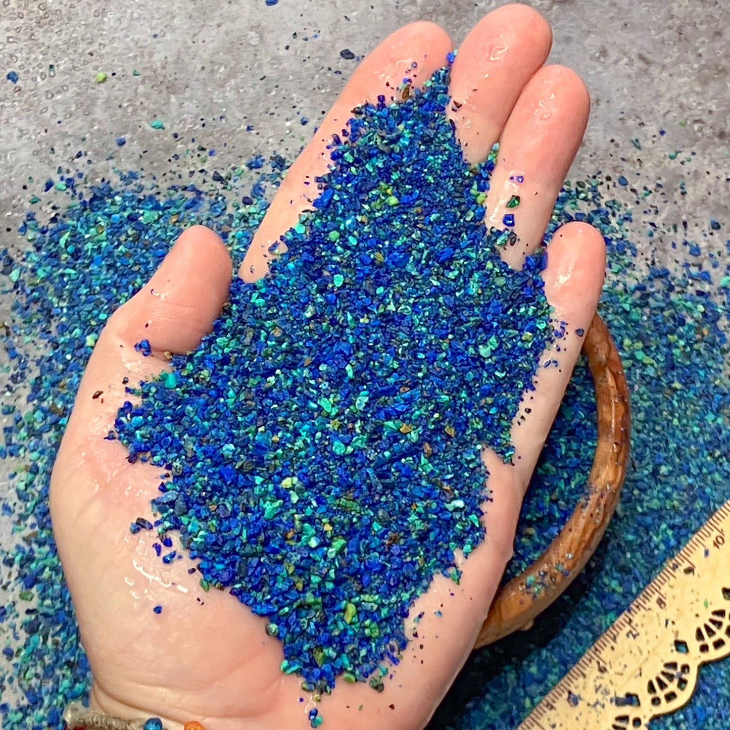 Crushed Shattuckite, Azurite, Malachite Sand from China, Small Batch, Medium Crush (0.25mm-2mm) for Inlay, Memorial & Sand Jewelry