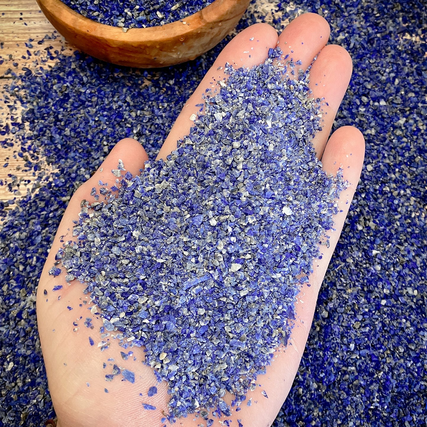 Crushed Lapis Lazuli (Grade A) from Afghanistan, Medium Crush, Sand Size, 2mm - 0.25mm