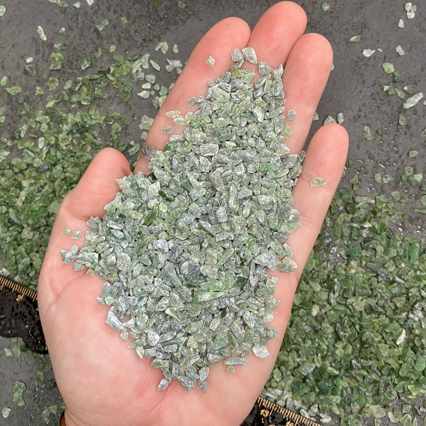 Crushed Green Nephrite Jade (Grade A+) Chips from Pakistan, Coarse Crush, Gravel Size, 4mm - 2mm