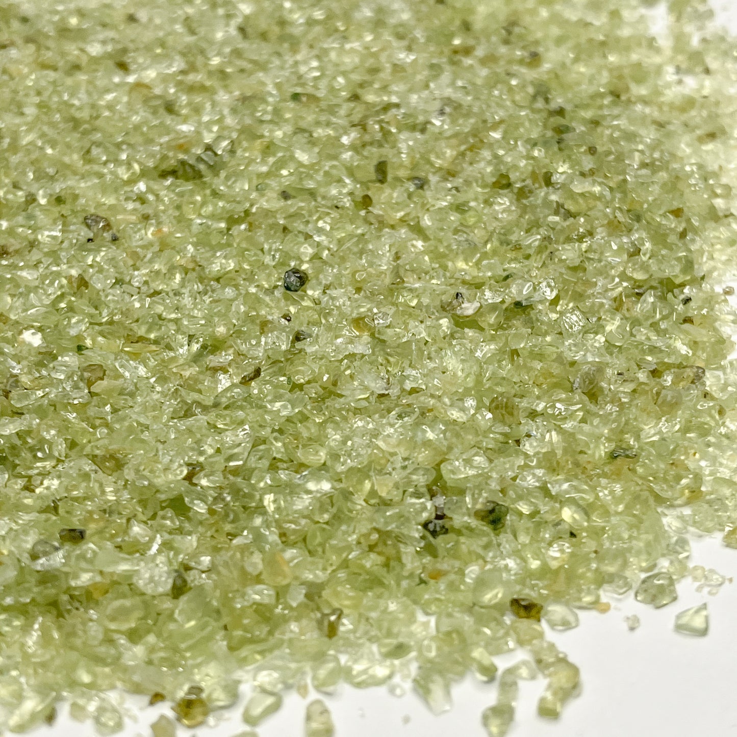 *CLOSEOUT* Crushed Peridot (Olivine) Sand from India, 4 Ounces, Medium Crush (0.25mm-2mm) for Mineral Art