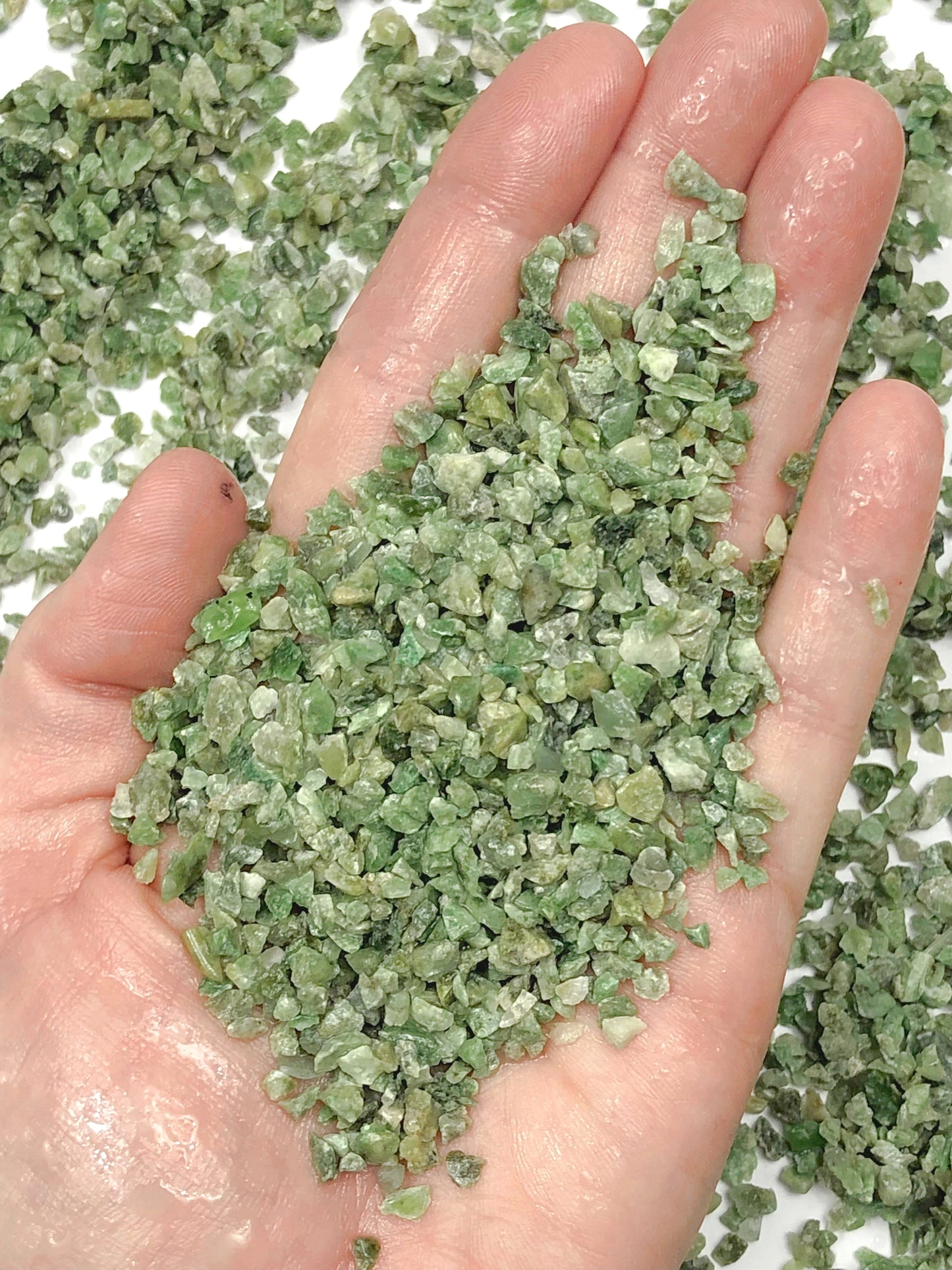 Crushed Green Vesuvianite (California Jade) from California, Coarse Crush, Gravel Size, 4mm - 2mm